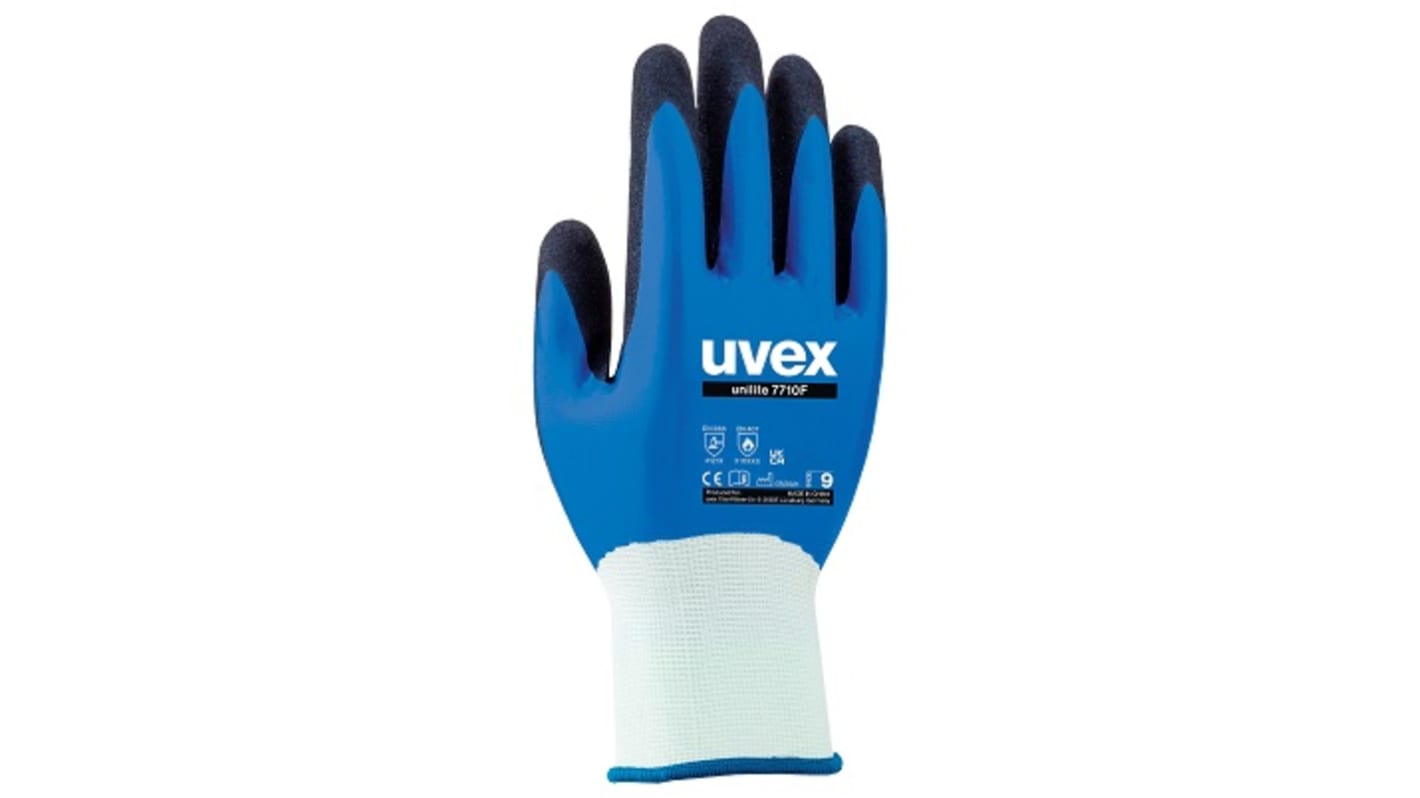 Guantes de trabajo de Poliéster Azul Uvex, talla 7, con recubrimiento de NBR, Resistentes a la abrasión