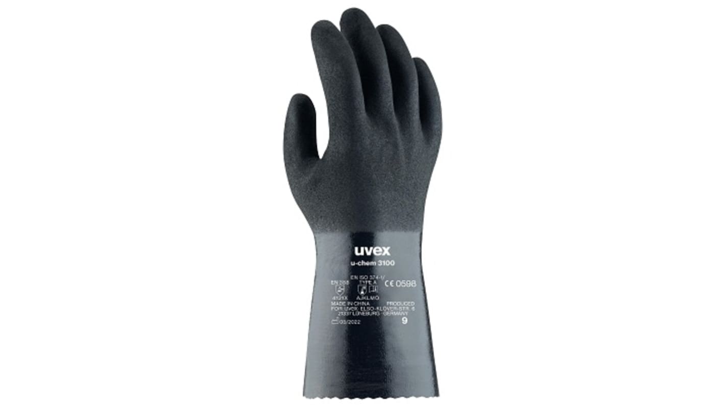 Uvex Black Nitrile Chemical Resistant Work Gloves, Size 8, Medium, NBR Coating