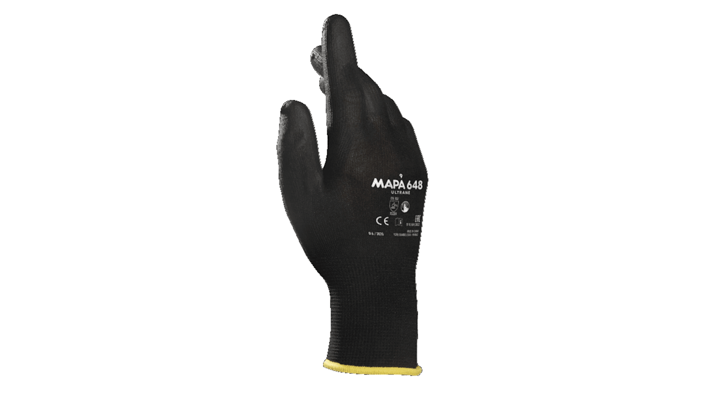 Mapa Black Polyurethane Good Dexterity Gloves, Size 6, Polyurethane Coating