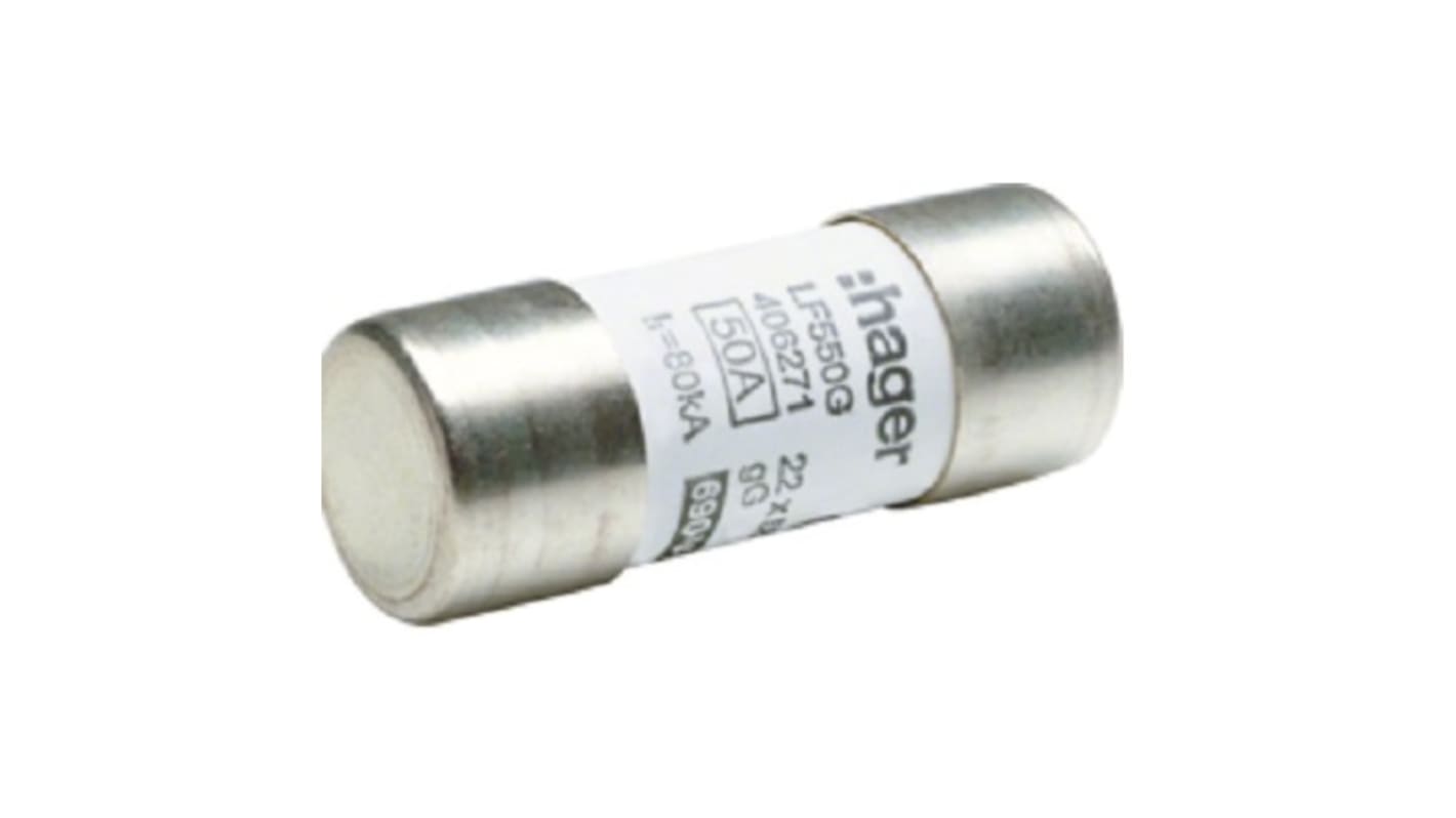 Hager 50A Cartridge Fuse, 22.2 x 58mm