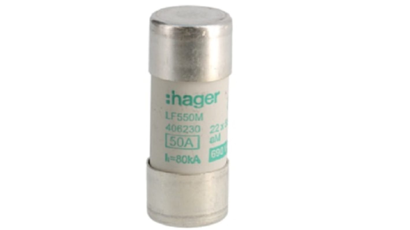 Hager 50A Cartridge Fuse, 22.2 x 58mm