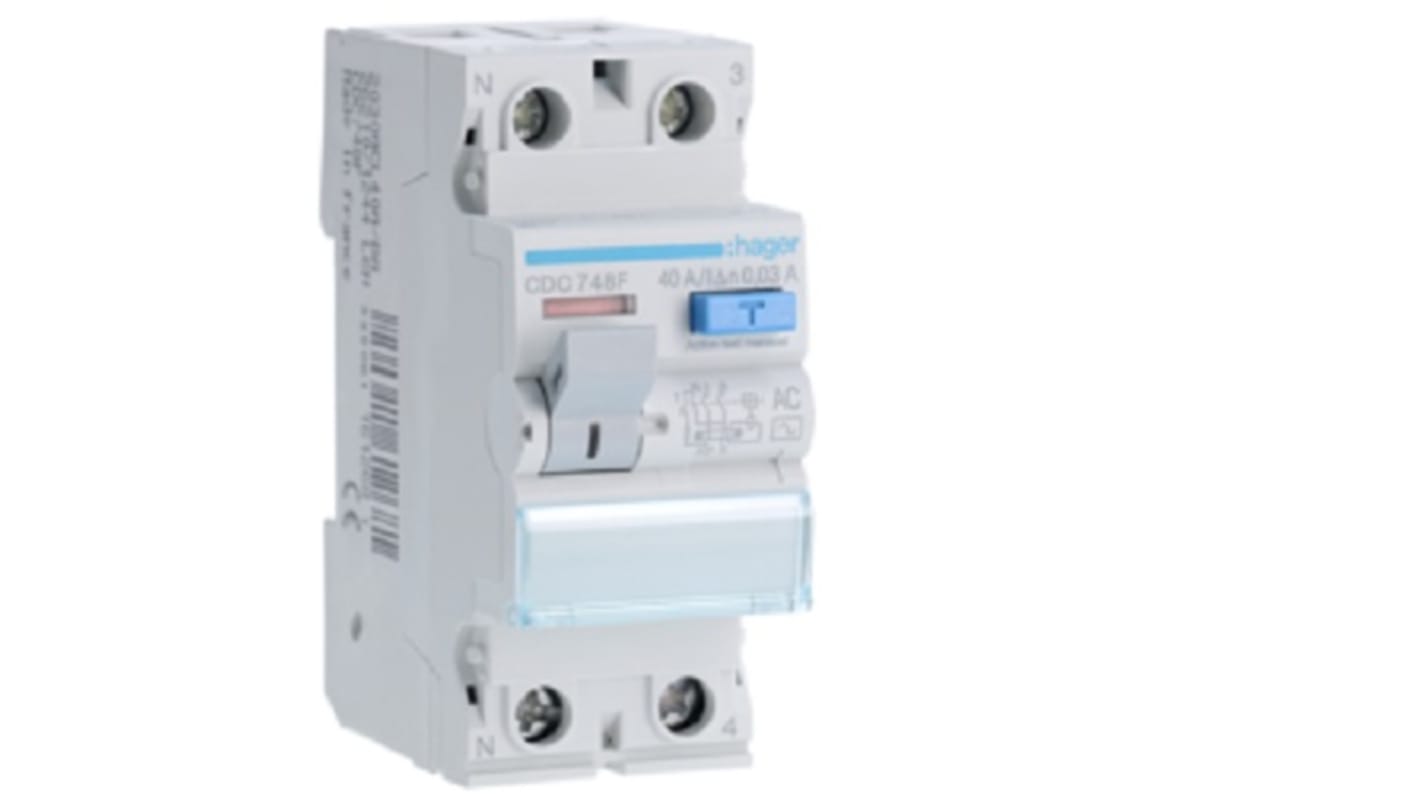 Hager CDC RCD Switch, 40A, 2 Pole, 30mA, Type AC, 230V