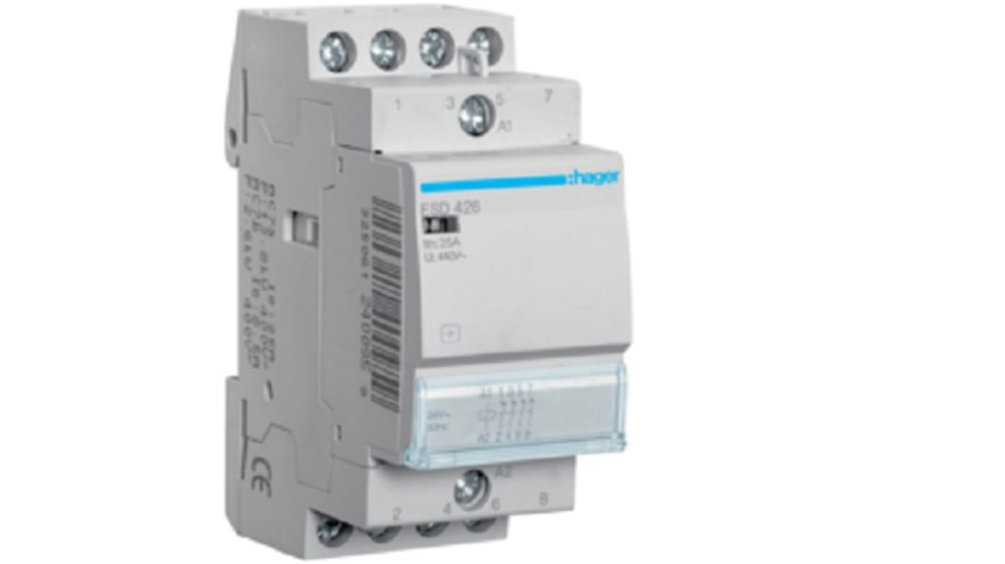 Contactor Hager ESD de 4 polos, 4 NC, 25 A, bobina 24 V, 4,6 kW