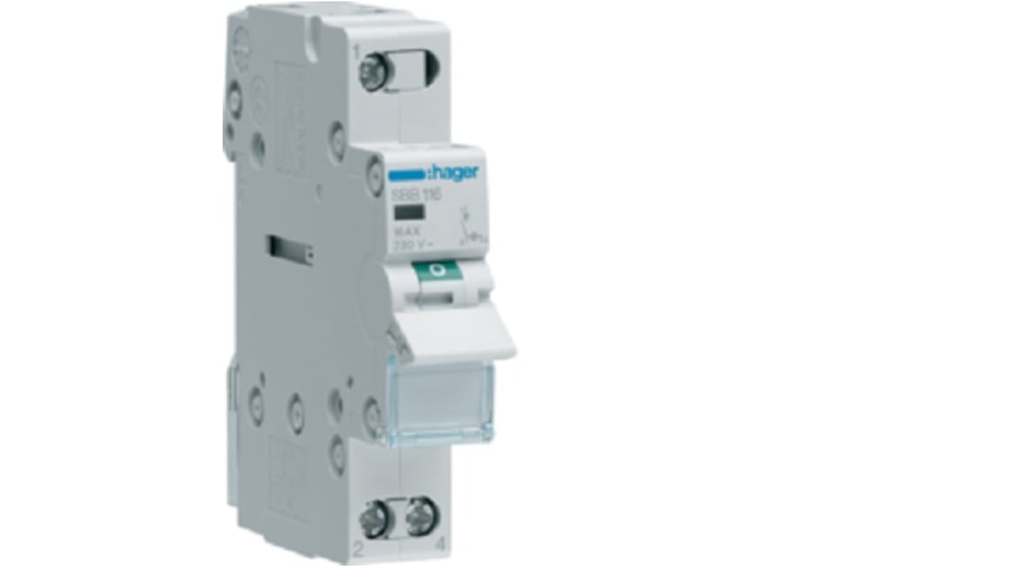 Interruptor modular Hager SBB, SPST, NC, 440V, Carril DIN, IP20, iluminado