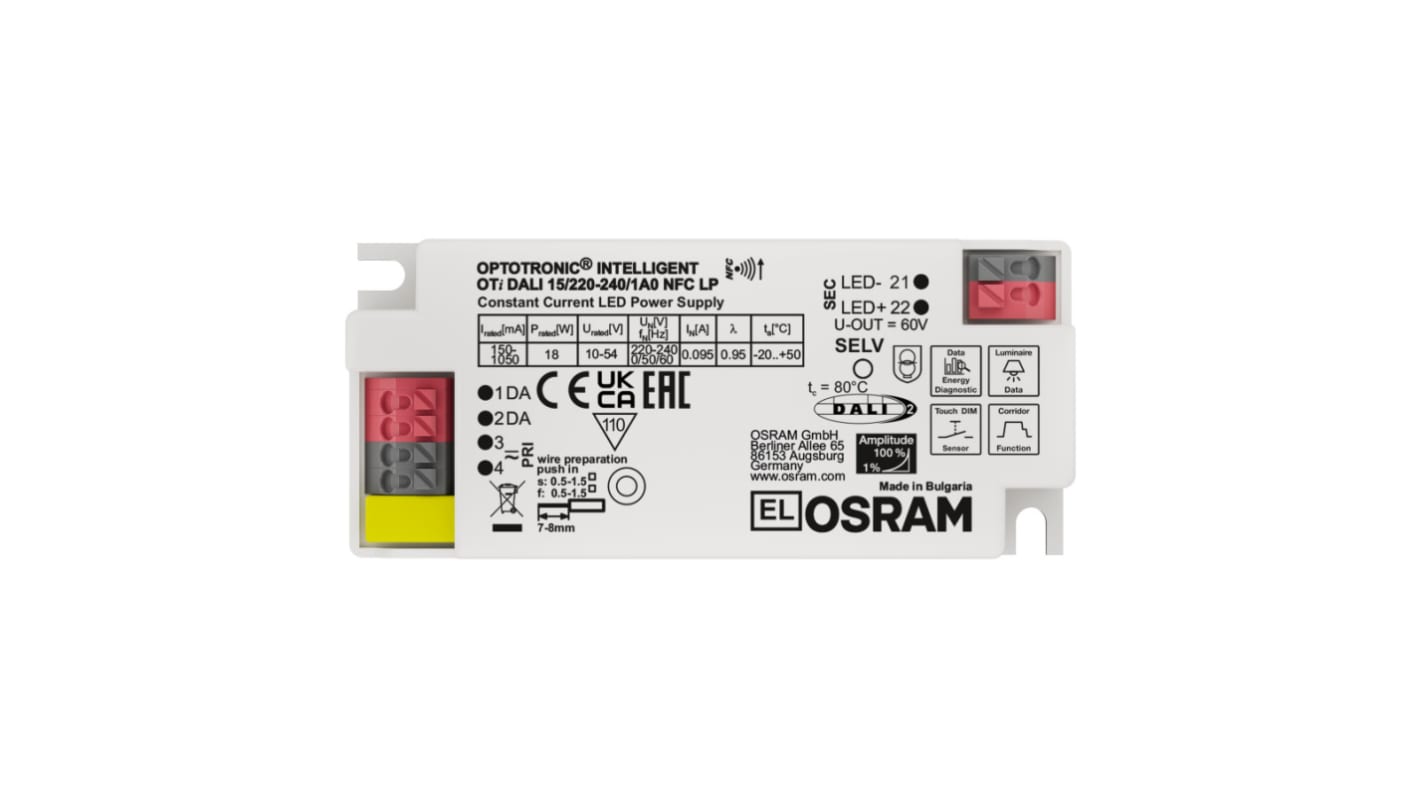 Driver de LED à tension constante Osram,sortie 7.5-54V 150 → 1050mA, 18W