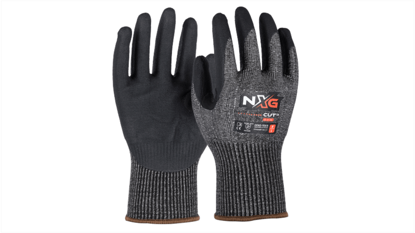 NXG Cut D HD Black Glass Fiber, HPPE, Nitrile, Polyester, Spandex, Steel Cut Resistant Work Gloves, Size 8, Nitrile