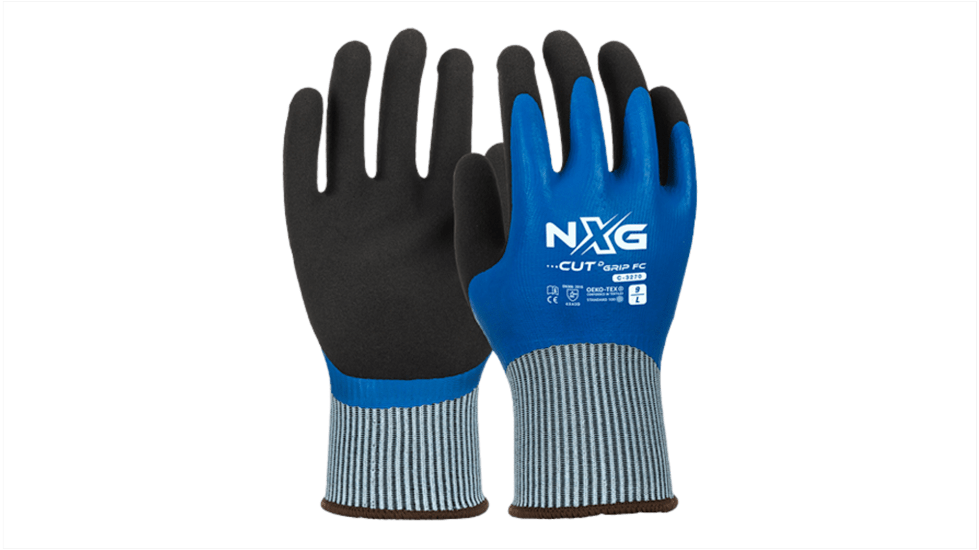 NXG Cut D Grip FC Black, Blue Glass Fiber, HPPE, Latex, Polyester, Spandex, Steel Cut Resistant Work Gloves, Size 9,