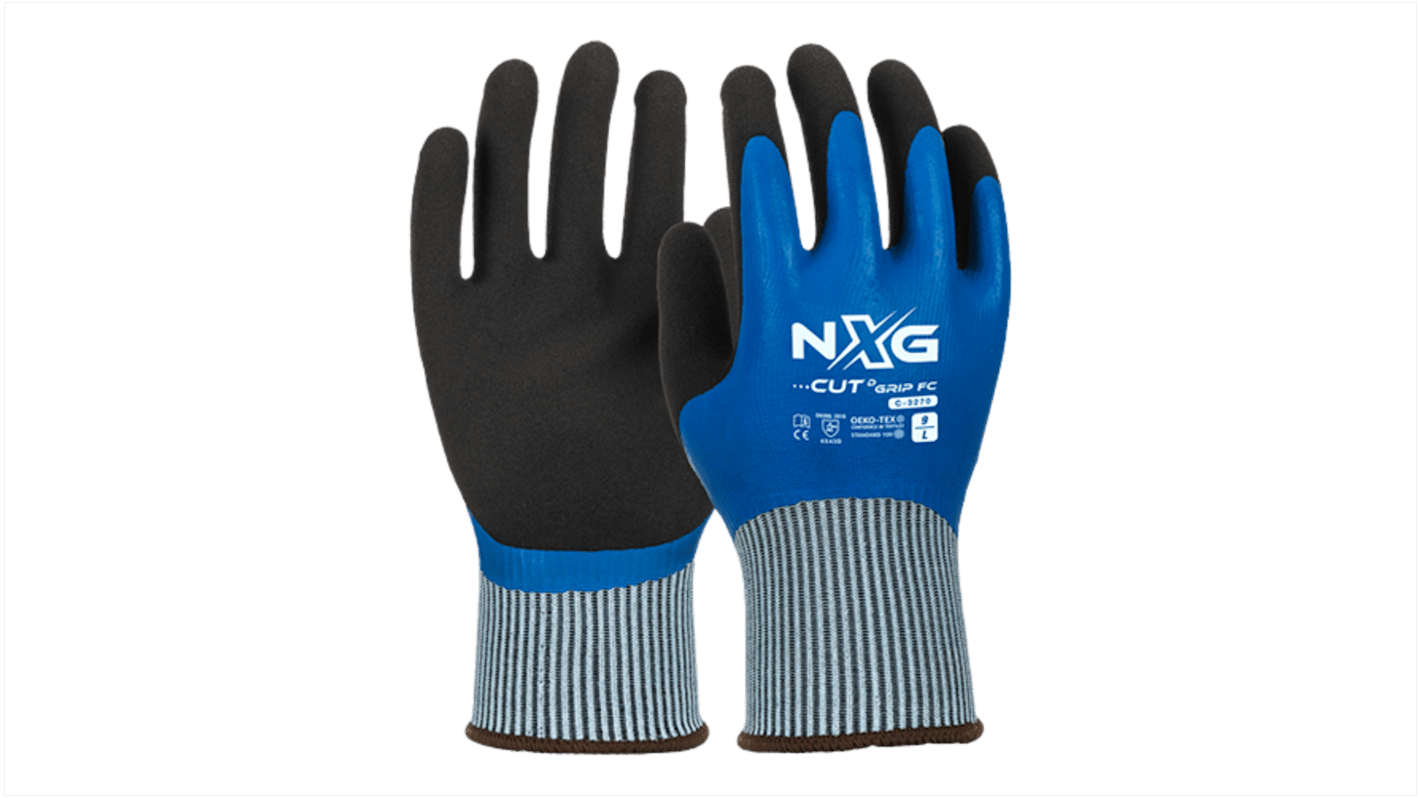 NXG Cut D Grip FC Black, Blue Glass Fiber, HPPE, Latex, Polyester, Spandex, Steel Cut Resistant Work Gloves, Size 11,