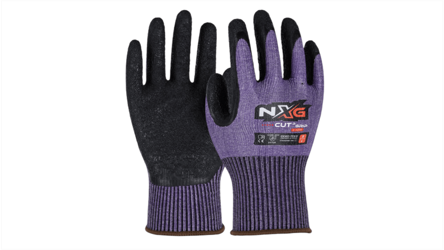 NXG Cut D Grip Purple Glass Fiber, HPPE, Latex, Polyester, Spandex, Steel Cut Resistant Work Gloves, Size 10, Latex