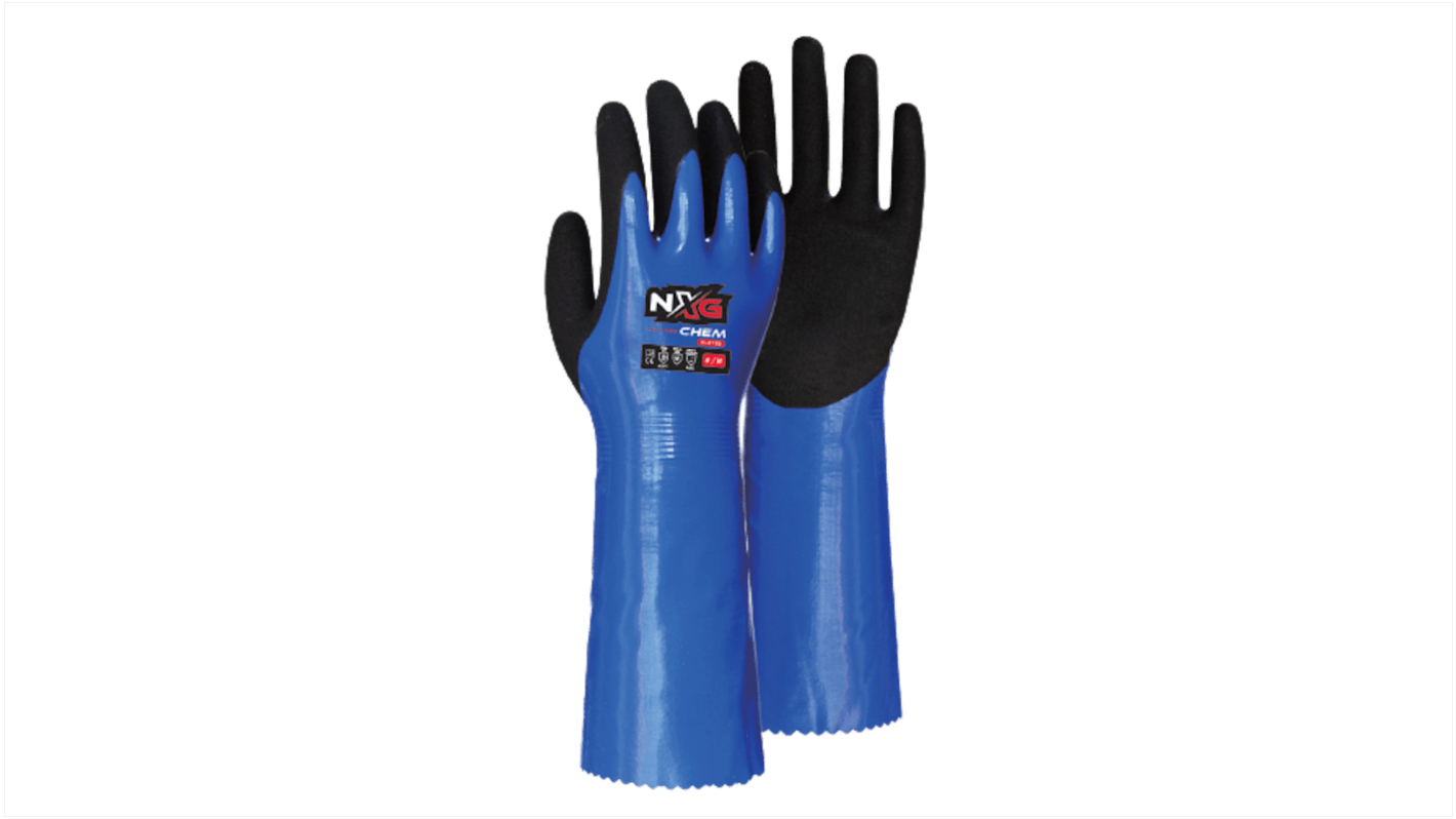 NXG CHEM Blue Nitrile, Nylon Abrasion Resistant, Chemical Resistant, Extra Grip Work Gloves, Size 10, Nitrile Coating