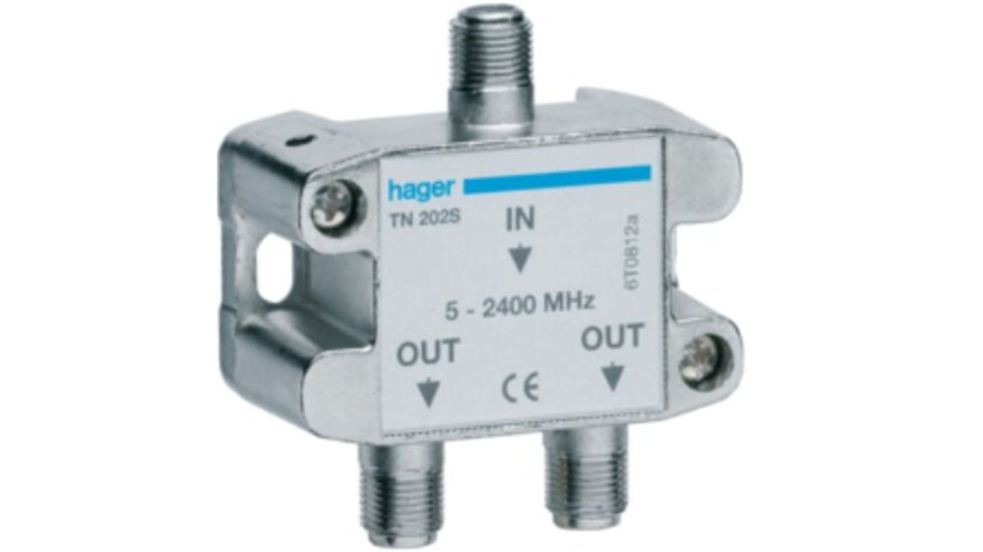 Hager Coaxial RF Splitter 1 Plug to 2 Sockets, Frequency 5 → 2400MHz