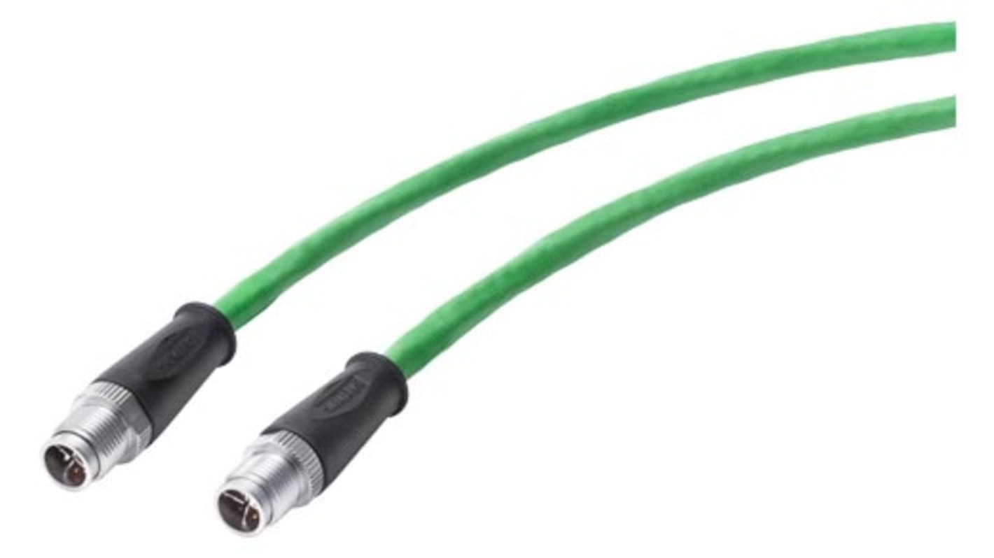 Siemens Cat7 Male M12 to M12 Ethernet Cable, Aluminium Foil, Tinned Copper Braid, Green, 300mm