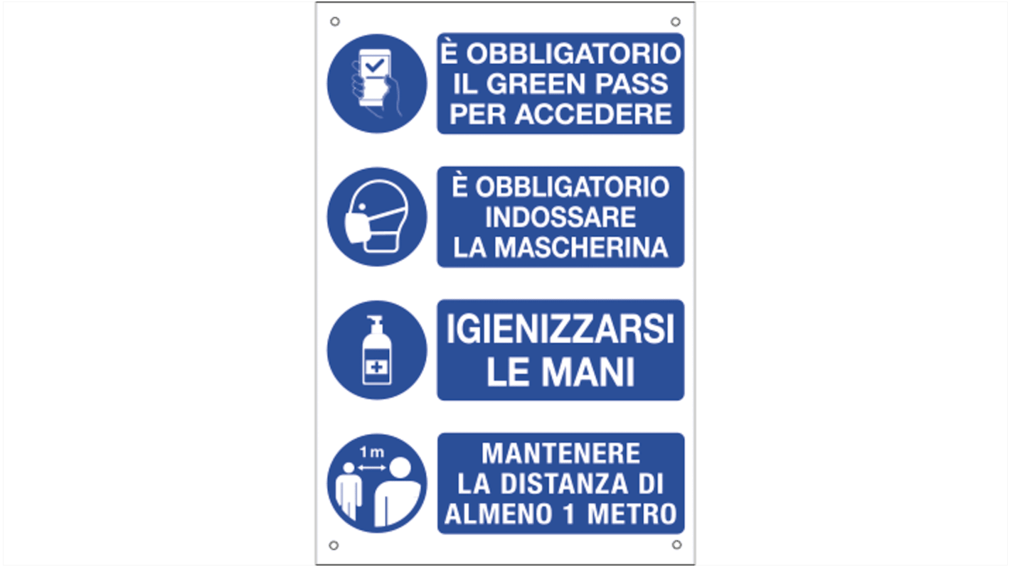 Etichetta di obbligo in Alluminio, pittogramma: 1 m di distanza, Il Green Pass è obbligatorio, Usare il disinfettante