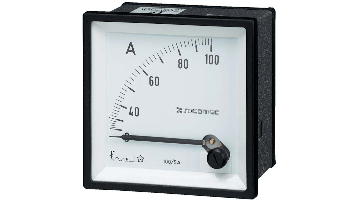 Amperometro analogico da pannello Socomec, max 20A, c.a., foro L 48mm x H 48mm