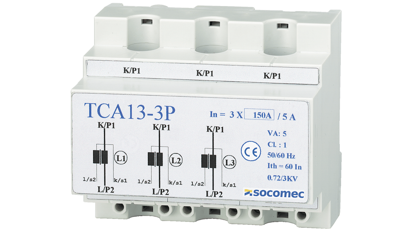 Transformateur de courant Socomec série TCA 13 - 3P, 3 x 75A, 5 A, 75:5, type Montage sur rail DIN
