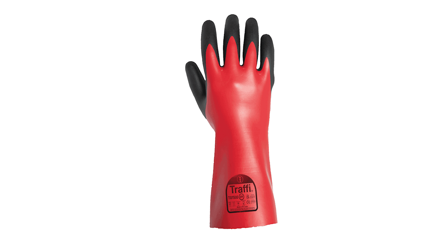 Traffi Red Cotton Chemical Resistant Work Gloves, Size 7, Nitrile Coating