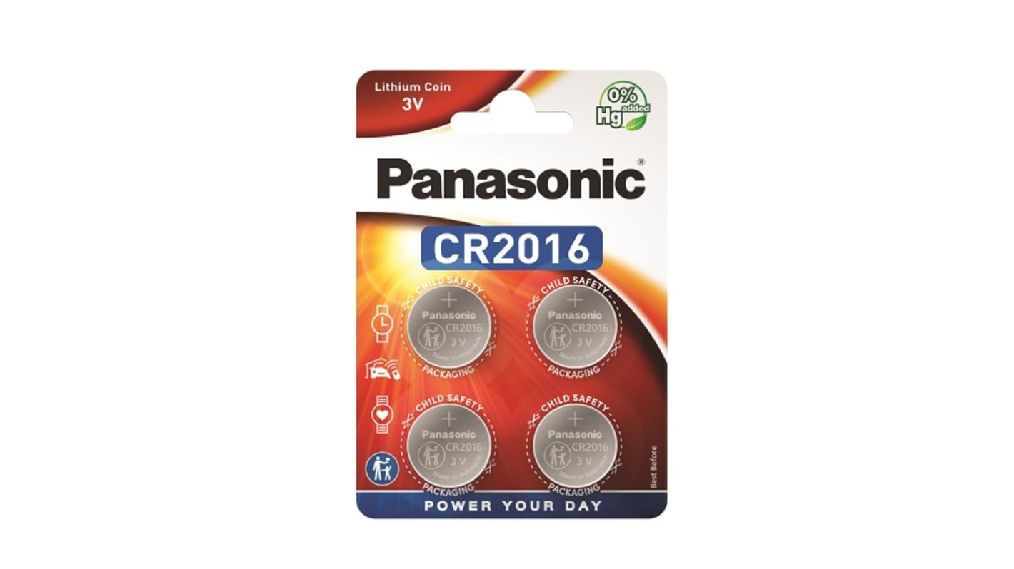 Panasonic CR2016 Button Battery, 3V, 20mm Diameter