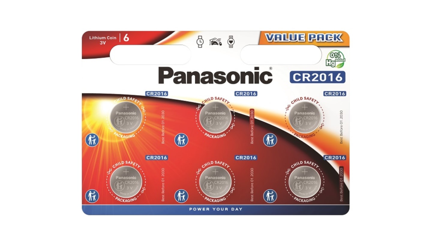 CR2016L/6BP Panasonic CR2016 Button Battery, 3V, 20mm Diameter RS