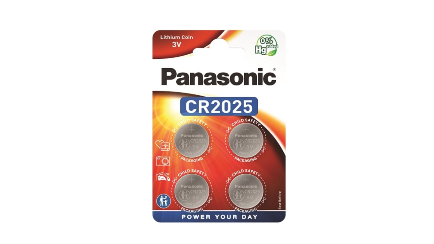 CR2025L/4BP Panasonic CR2025 Button Battery, 3V, 20mm Diameter RS