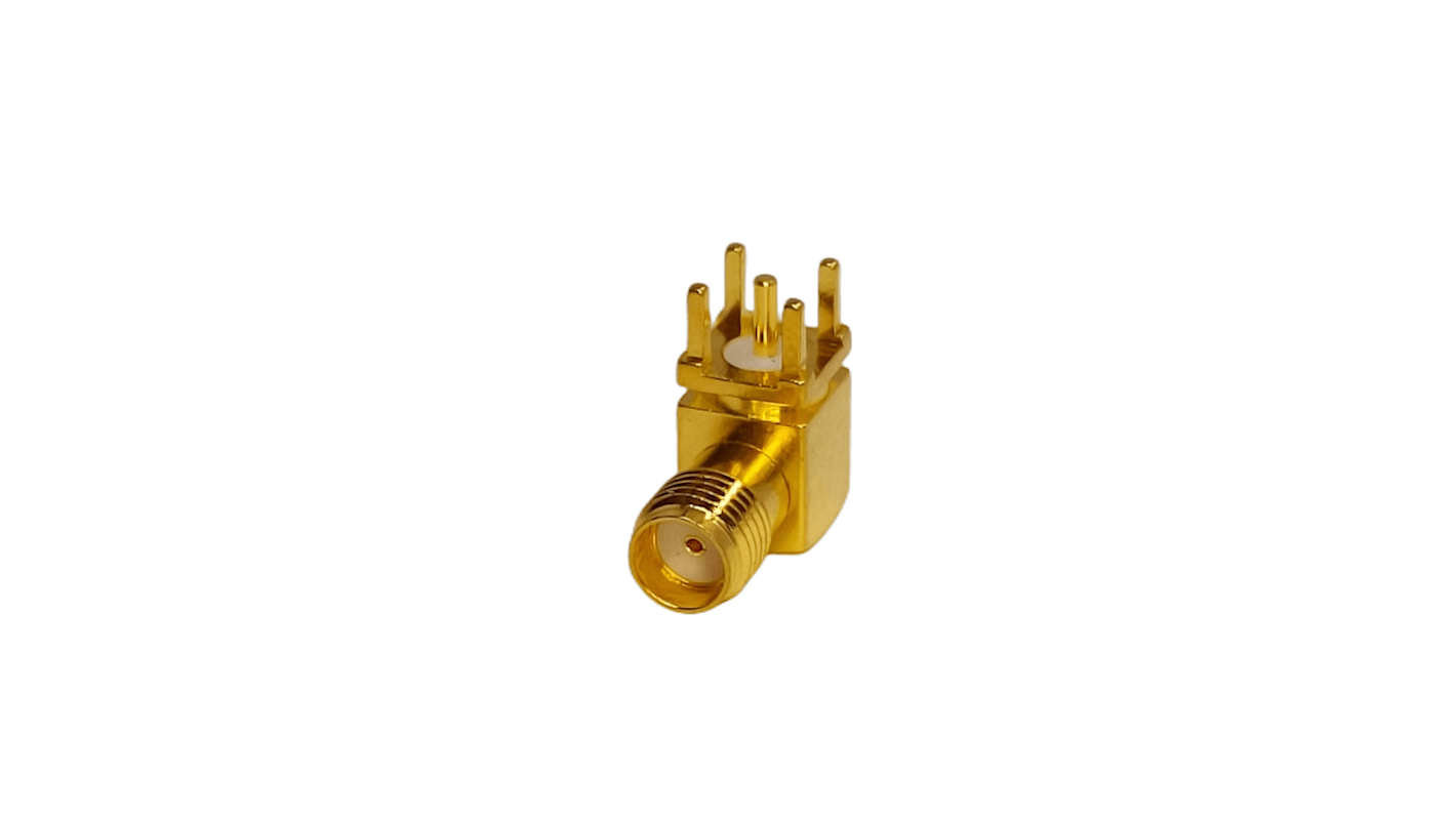 Conector coaxial RS PRO, Hembra, Ángulo de 90° , Impedancia 50Ω, Montaje en Panel, Terminación de Soldador, 6GHz, Oro