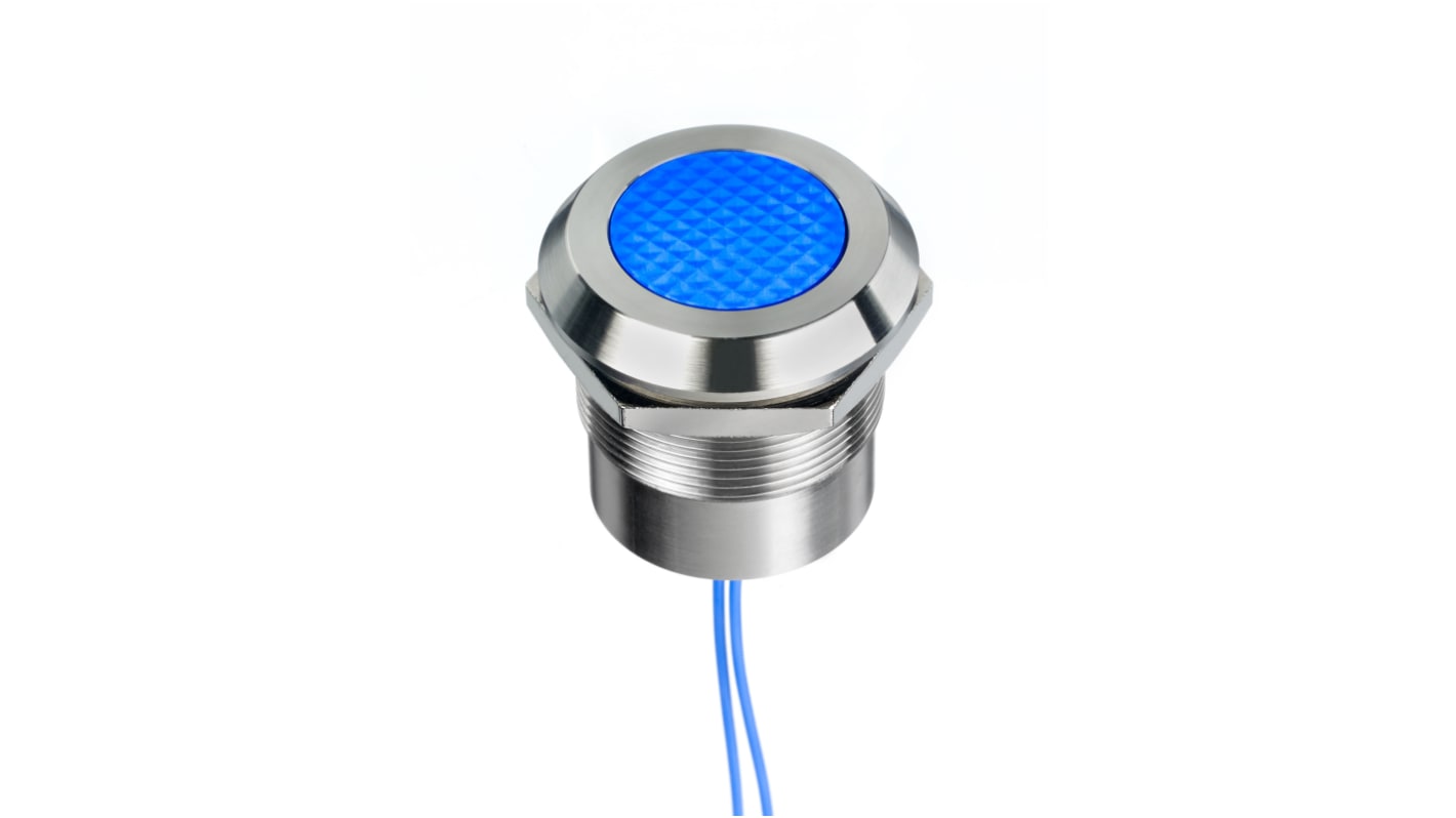 RS PRO Blue Panel Mount Indicator, 12 → 24V ac/dc, 25mm Mounting Hole Size, Lead Wires Termination, IP67, IP69K