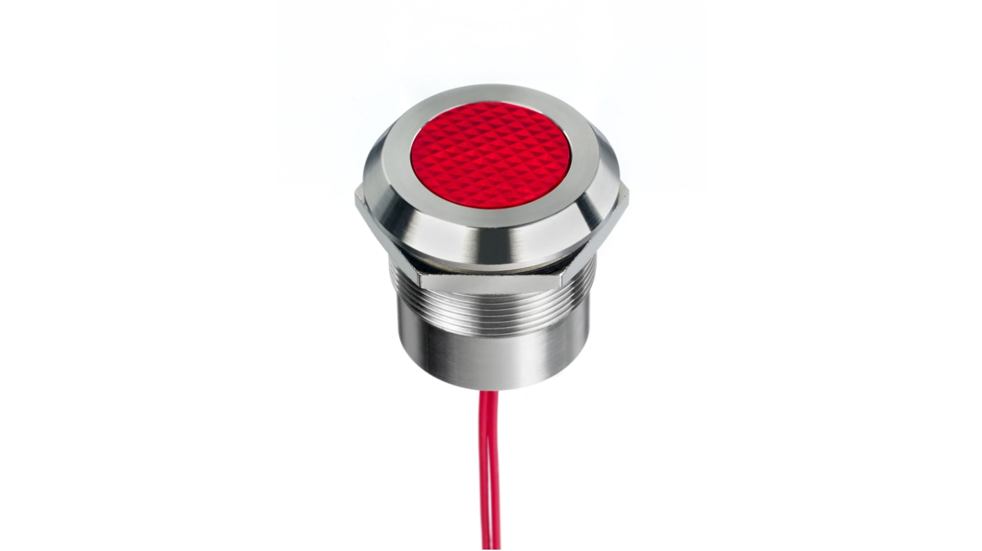 RS PRO Red Panel Mount Indicator, 12 → 24V ac/dc, 25mm Mounting Hole Size, Lead Wires Termination, IP67, IP69K