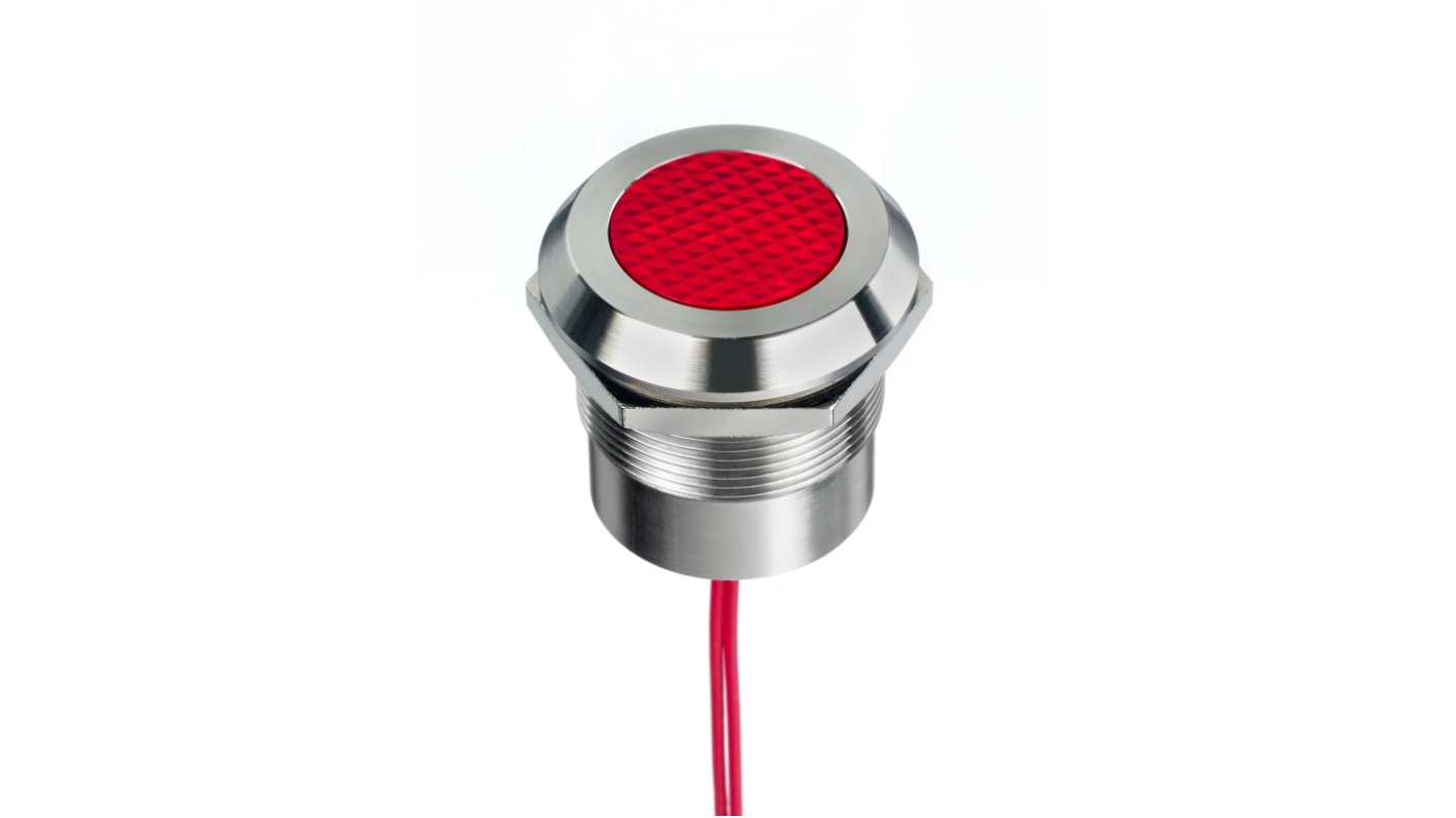 Voyant LED lumineux  Rouge RS PRO, dia. 25mm, 12 → 24V c.a. / V c.c., taille de la lampe 18.2 mm, IP67, IP69K