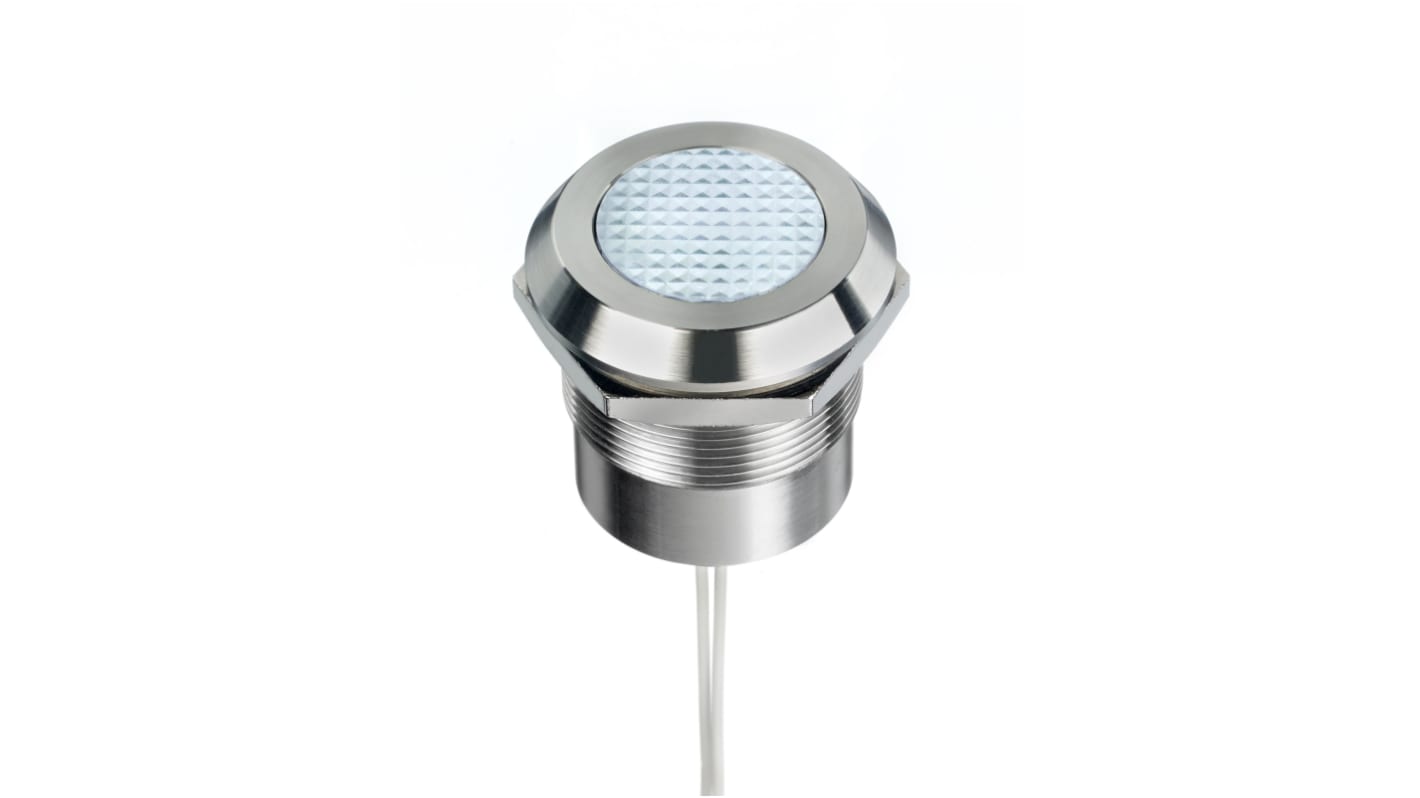 RS PRO White Panel Mount Indicator, 12 → 24V ac/dc, 25mm Mounting Hole Size, Lead Wires Termination, IP67, IP69K