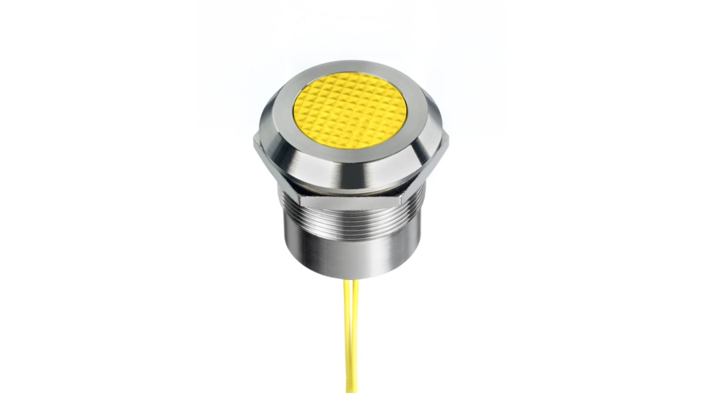 RS PRO Yellow Panel Mount Indicator, 12 → 24V ac/dc, 25mm Mounting Hole Size, Lead Wires Termination, IP67, IP69K