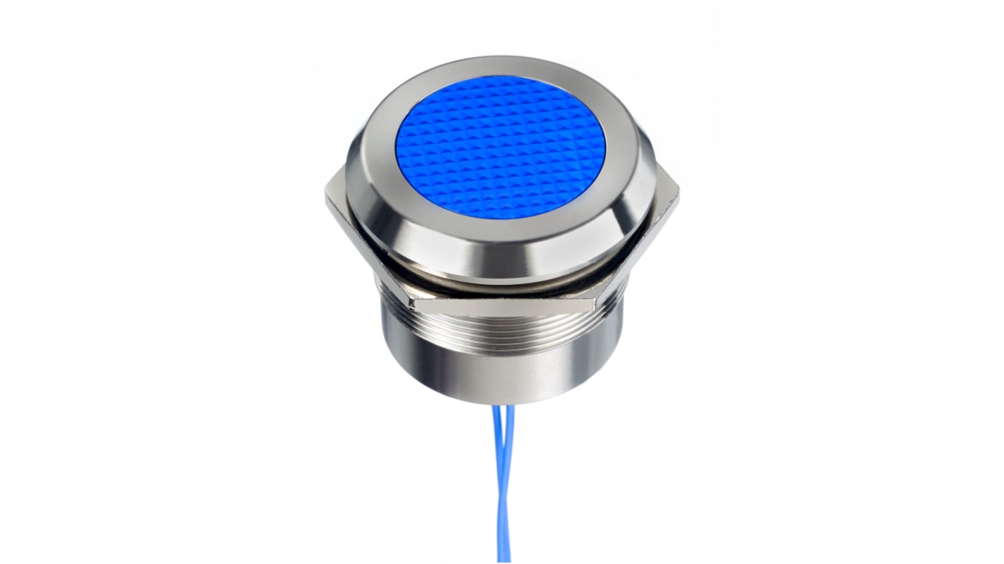 RS PRO Blue Panel Mount Indicator, 12 → 24V ac/dc, 30mm Mounting Hole Size, Lead Wires Termination, IP67, IP69K