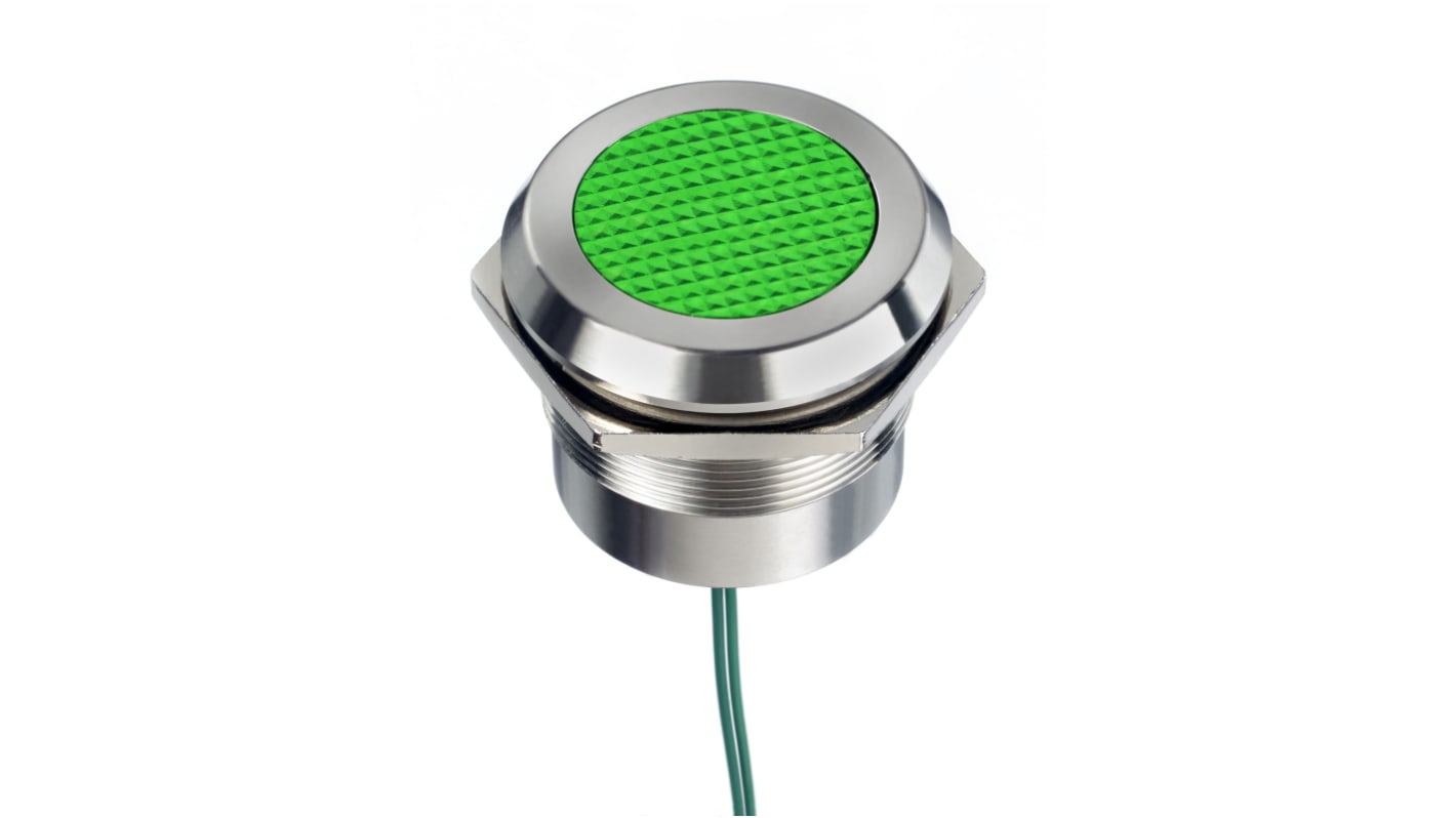 RS PRO Green Panel Mount Indicator, 12 → 24V ac/dc, 30mm Mounting Hole Size, Lead Wires Termination, IP67, IP69K