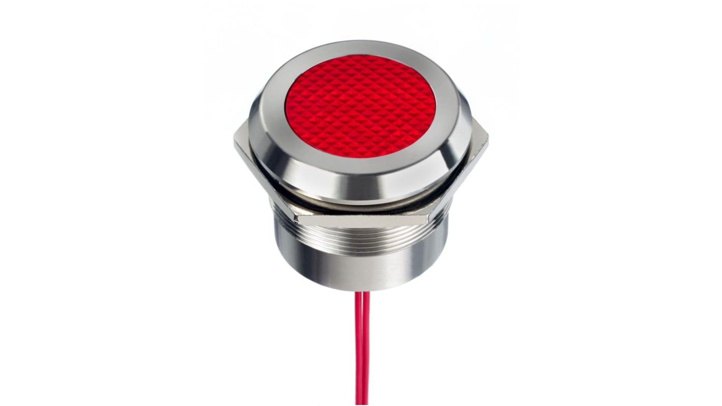 RS PRO Red Panel Mount Indicator, 12 → 24V ac/dc, 30mm Mounting Hole Size, Lead Wires Termination, IP67, IP69K