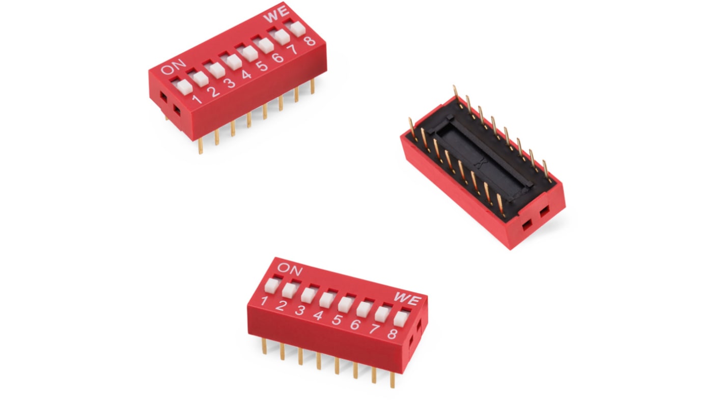 Wurth Elektronik 8 Way Through Hole DIP Switch SPST, Raised Actuator, IP67