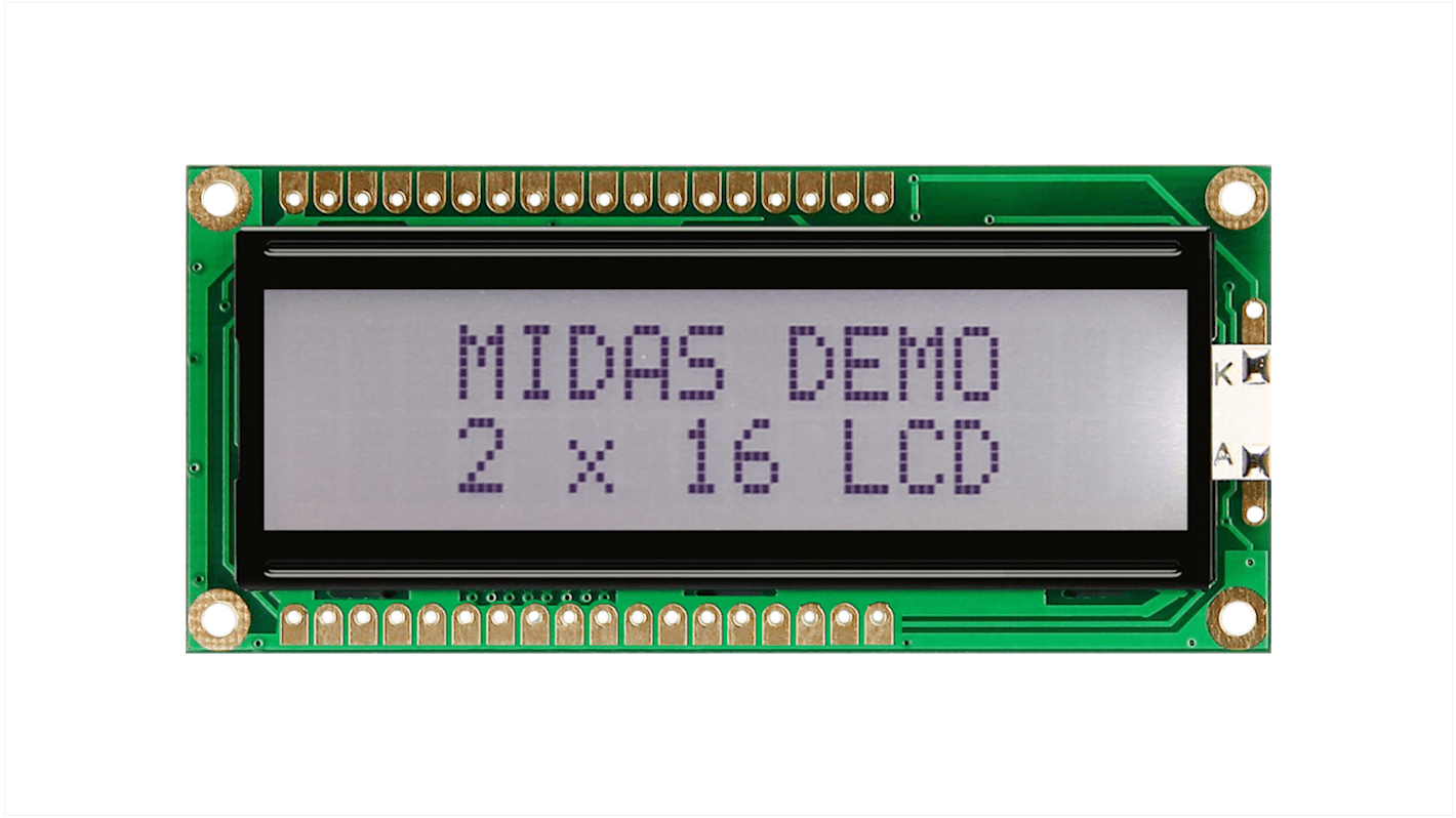 Afficheur monochrome LCD Midas, LCD 2 x 16 caractères