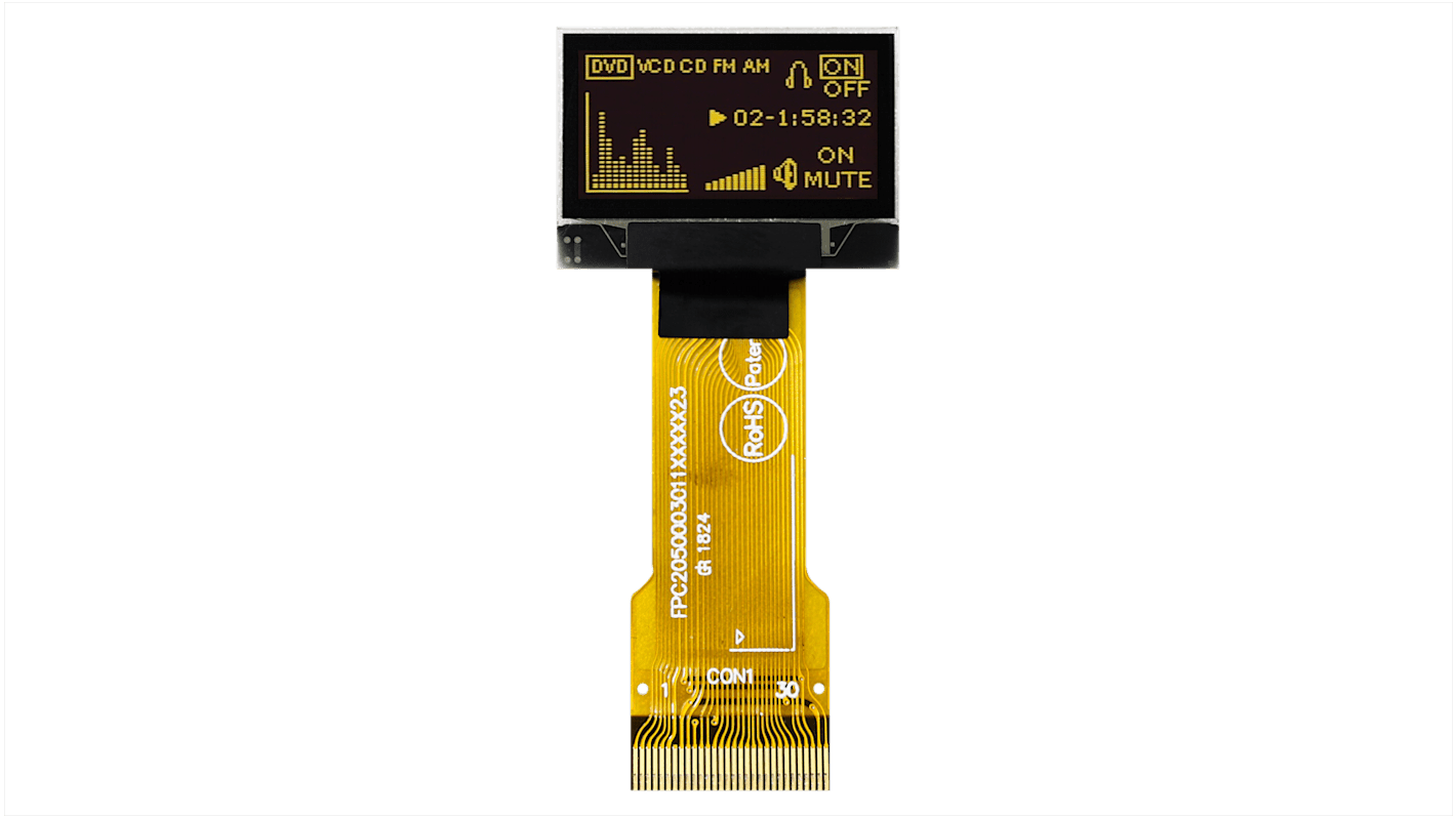 Afficheur OLED, Midas, 0.96pouce, Matrice passive, Jaune, 256 x 64pixels, COG, interface I2C, Parallèle, SPI