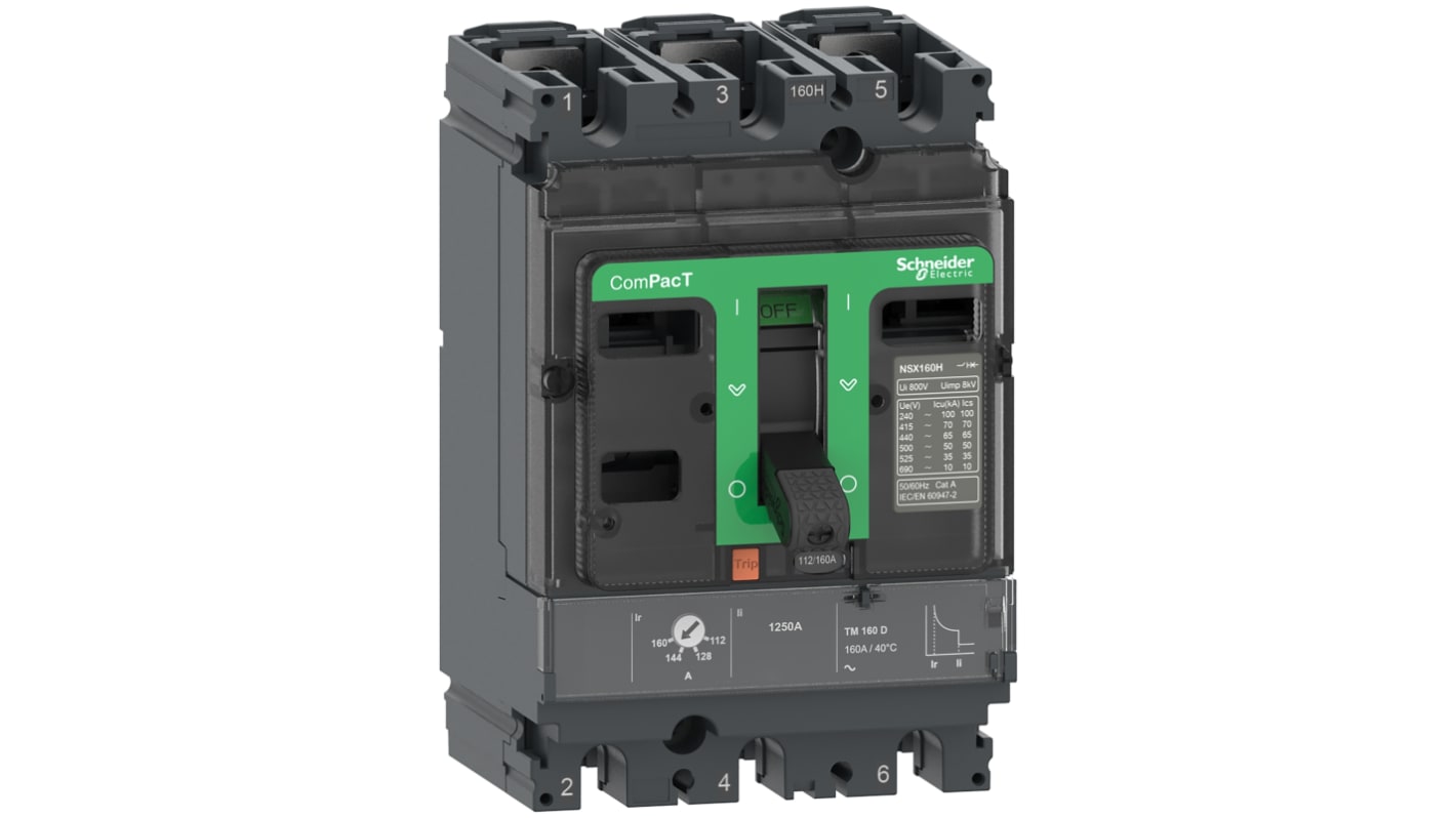 Disjoncteur Schneider Electric ComPacT NSX 3 pôles, 100A, pouvoir de coupure 90 kA, montage fixe