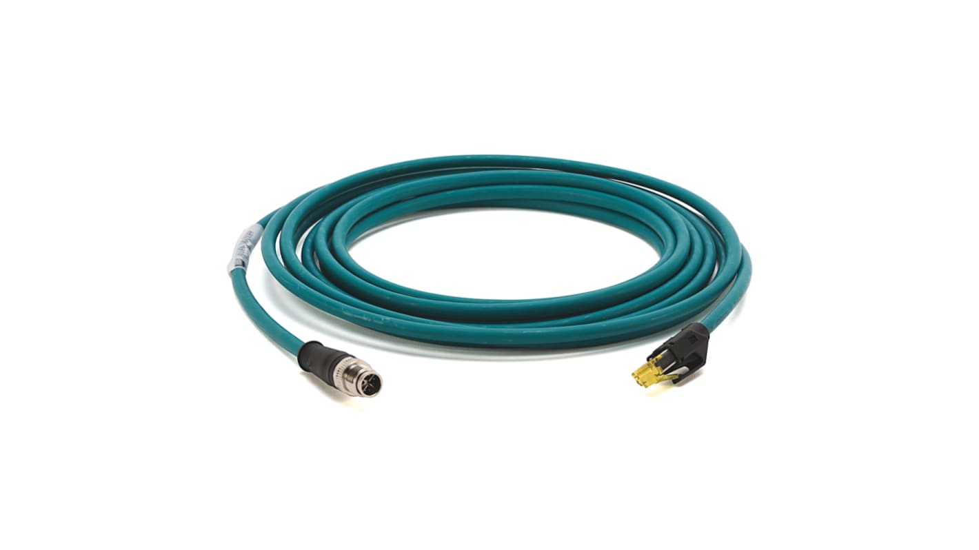 Rockwell Automation Cat6 Straight M12 to Straight M12 Ethernet Cable, Foil and Braid, Green, 5m