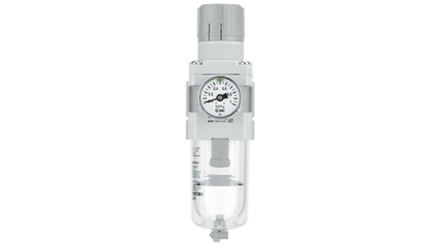 Filtro regulador SMC serie AW-A, G 1/4, grado de filtración 5μm, presión máxima 0,5 → 7 bar, con purga Auto