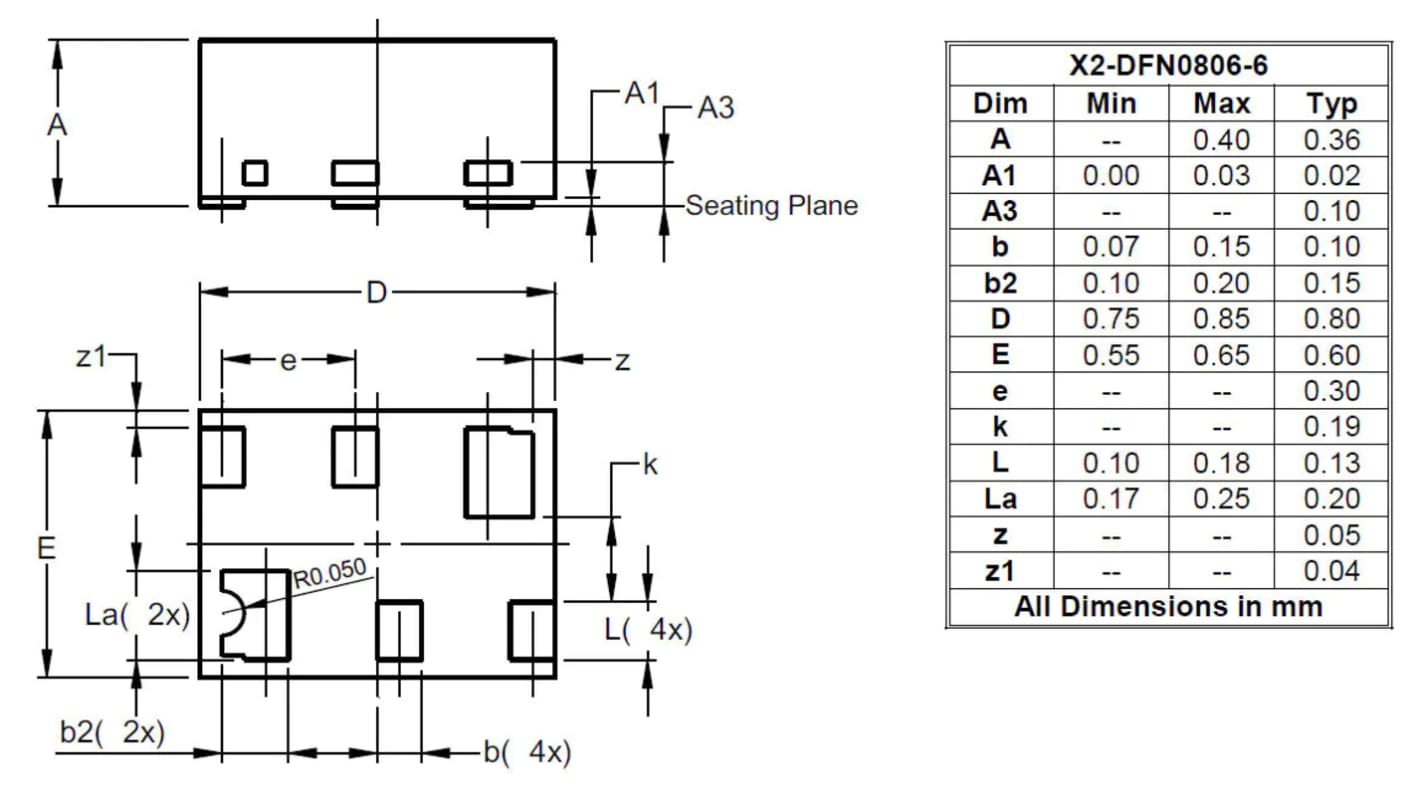 DiodesZetex DMC2991UDA-7B N/P-Kanal-Kanal, SMD MOSFET 20 V / 480 mA X2-DFN0806-6