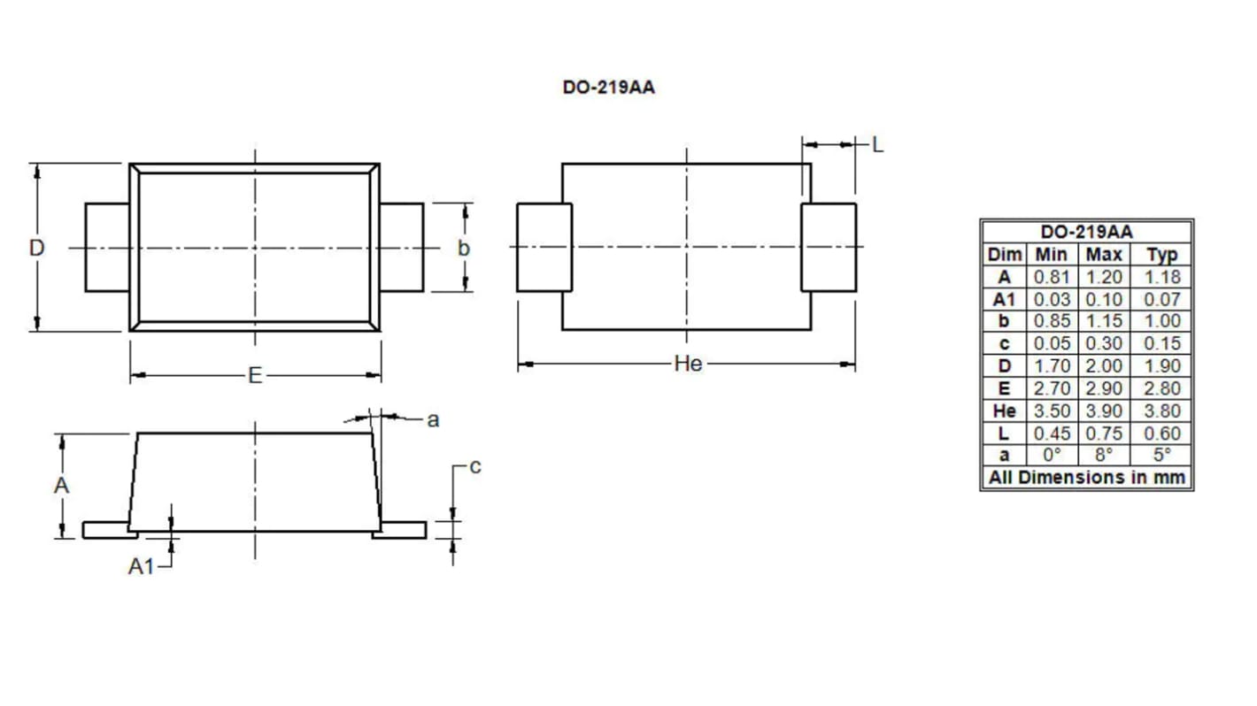 Diodo raddrizzatore e Schottky Diodes Inc, Montaggio superficiale, 1000V, DO-219AA
