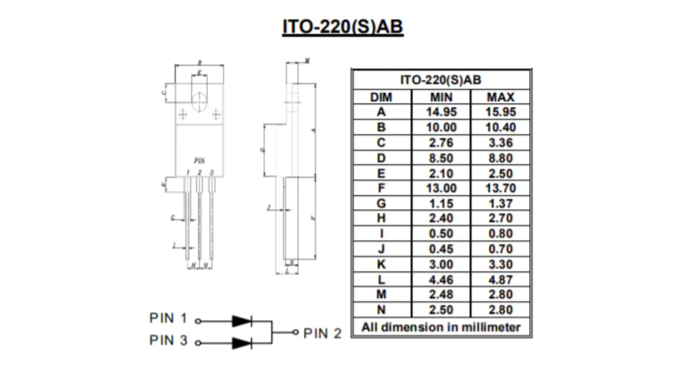 Rectificador y diodo Schottky, G20H100CTFW, 100V, JEDEC TO-220ABFP