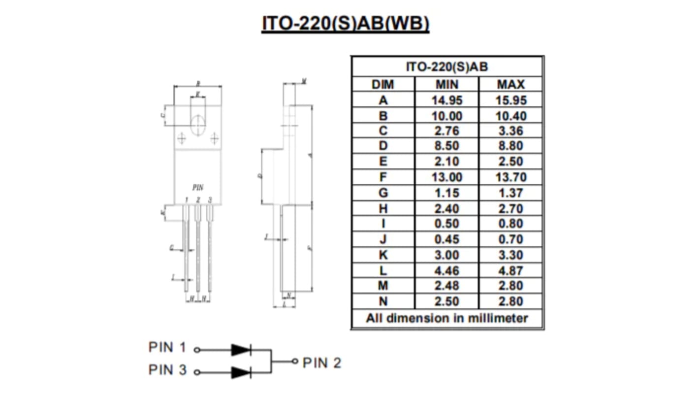 Diodes Inc 100V Rectifier & Schottky Diode, JEDEC TO-220ABFP G30H100CTFW