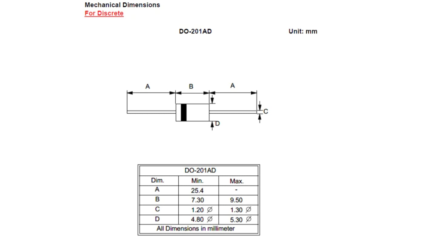 Diodo raddrizzatore e Schottky Diodes Inc, 600V, DO-201AD