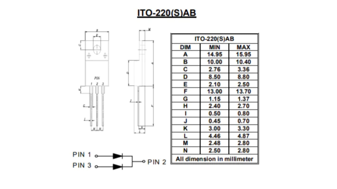 Diodes Inc 200V Rectifier & Schottky Diode, ITO220S STPF1020CTSW RS