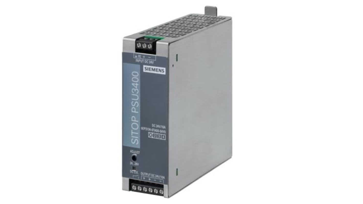 Siemens 6EP3134 Switched Mode DIN Rail Power Supply, 14 → 34V dc dc Input, 24V dc dc Output, 10A Output, 260W
