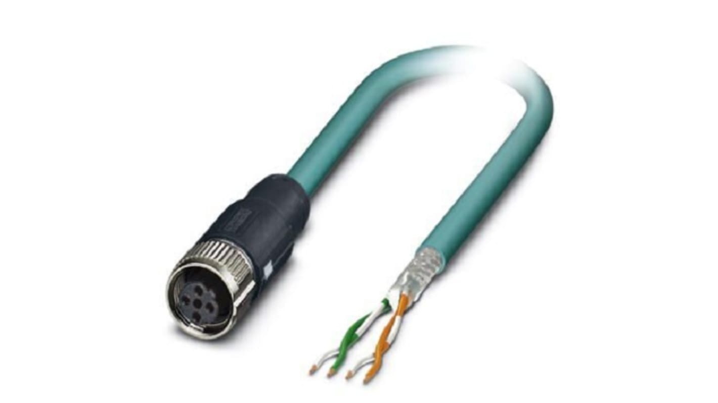 Phoenix Contact Cat5 Straight Female M12 to Unterminated Ethernet Cable, Shielded, Blue, 5m