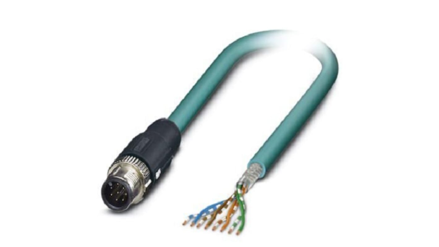 Phoenix Contact Cat5 Straight Male M12 to Unterminated Ethernet Cable, Shielded, Blue, 2m