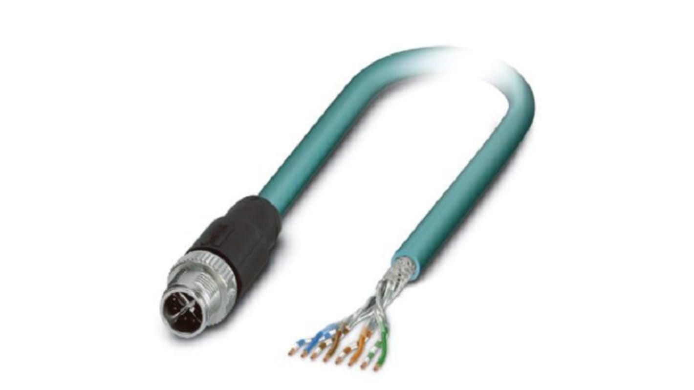 Phoenix Contact Cat6a Straight Male M12 to Unterminated Ethernet Cable, Shielded, Blue, 1m