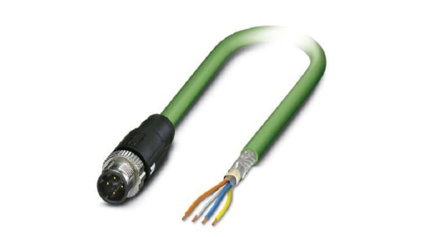 Phoenix Contact Cat5 Straight Male M12 to Male Unterminated Ethernet Cable, Shielded, Green, 2m