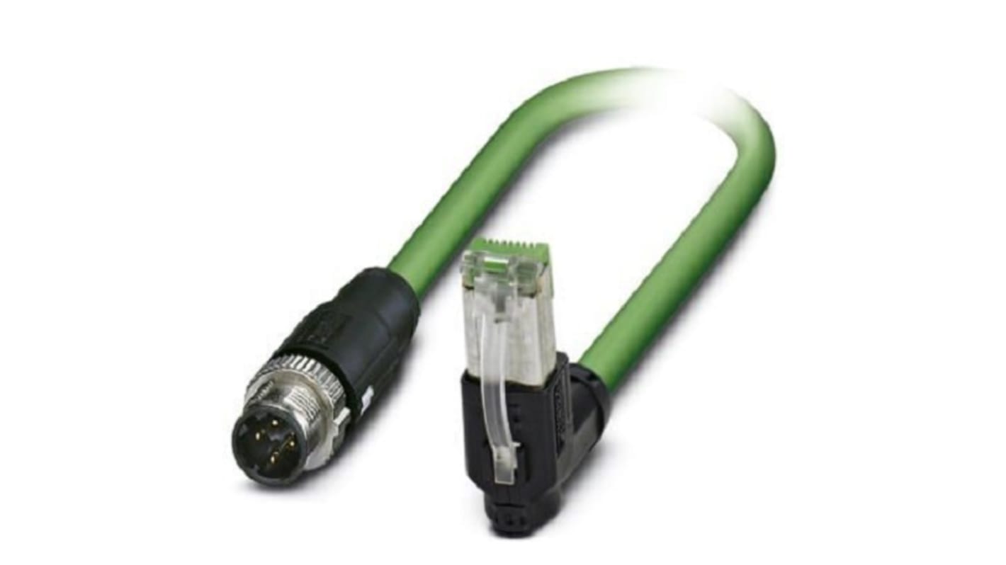 Phoenix Contact Cat5 Straight Male M12 to Right Angle Male RJ45 Ethernet Cable, Shielded, Green, 1m
